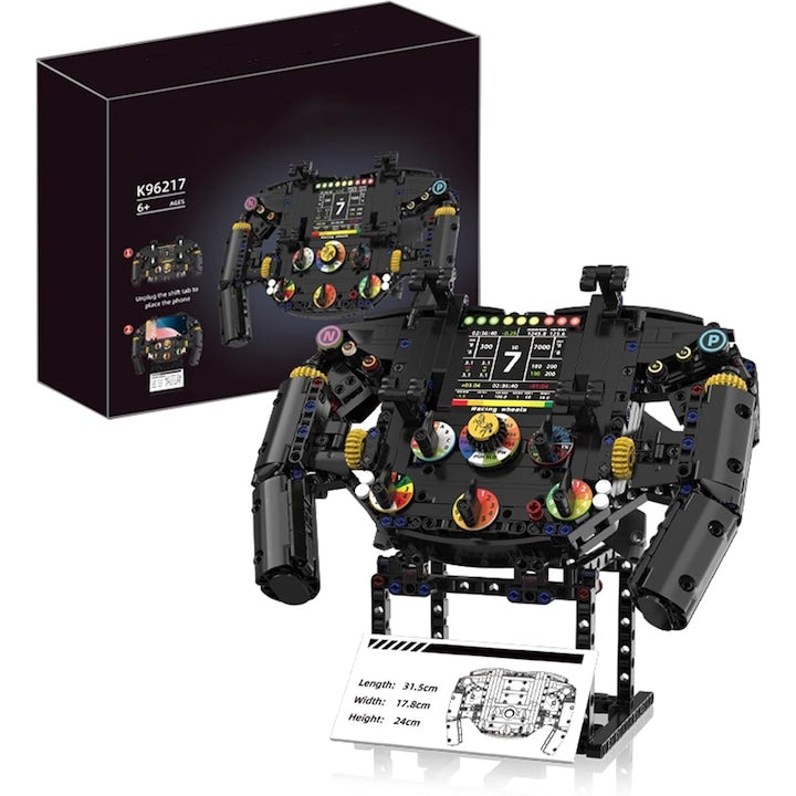 F1 Racing Car Steering Wheel Construction Set WALALLA, with functional buttons, display panel, and gearshift paddles, suitable for children and adults, promoting fine motor skills, concentration, and spatial awareness. Black
