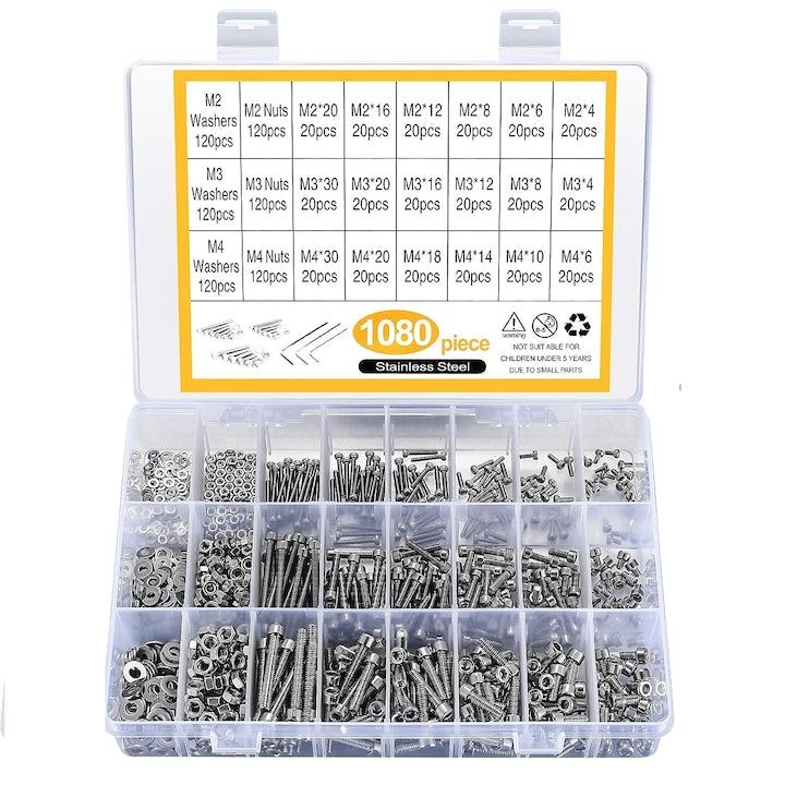 Set 1080 suruburi hexagonale  cu saibe si piulite  M2/M3/M4  Inox  Argintiu