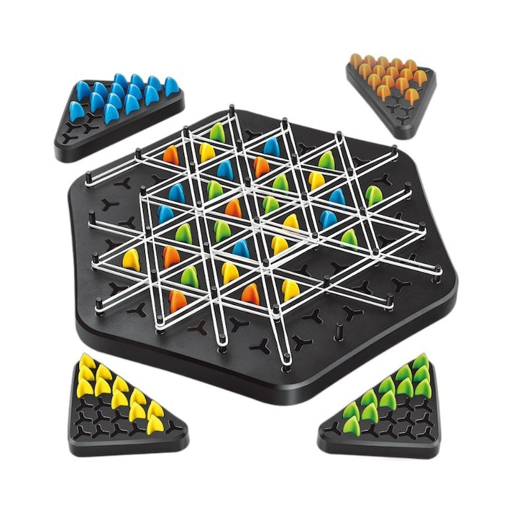 Interactive educational chess game with rubber bands and geometric triangles for children