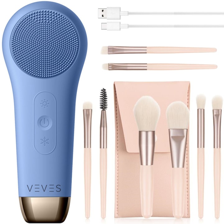 Aparat Curatare si Ingrijire Ten VEVES®  Functie de Incalzire si Racire  Vibratii  Masaj Facial  Rezistent la Apa  Baterie Reincarcabil  Cablu USB si 8 Pensule Machiaj incluse
