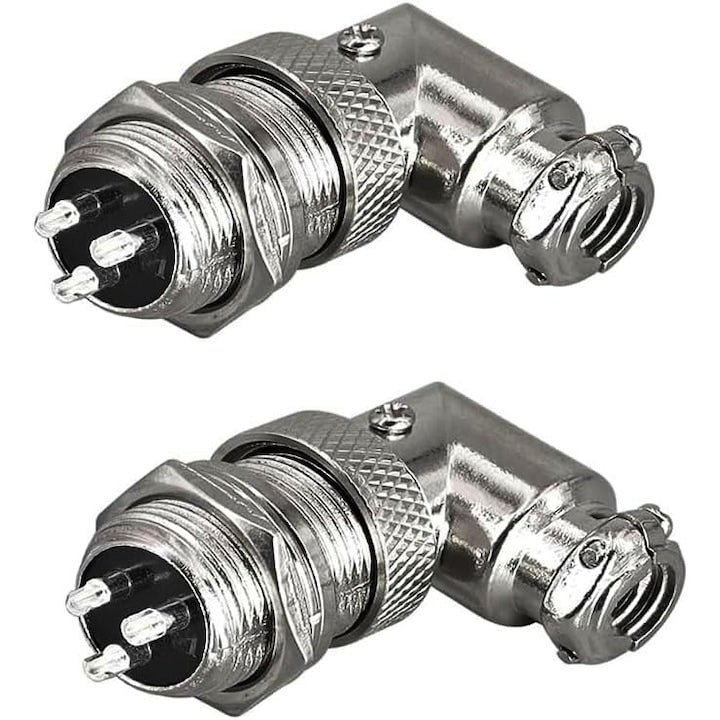 Set 2 Seturi GX16 Conector Aviatic  cu 3 pini GX16 masculin-feminin  unghi drept de 90 de grade  metalic  Argintiu