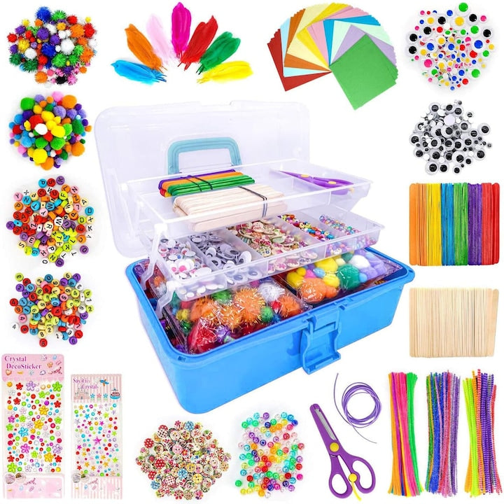 Set 1405+ de Piese de Arta si Meserii pentru Copii  cu Mare Cutie Portabila de Depozitare Pliabila in 3 straturi  Jucarie de Artizanat pentru Copii Fete si Baieti de 3-12 ani (Albastru)