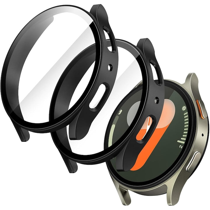 Husa de protectie cu sticla temperata pentru Samsung Galaxy Watch 7 40mm  protejeaza doar marginea si ecranul  spatele liber  neagra