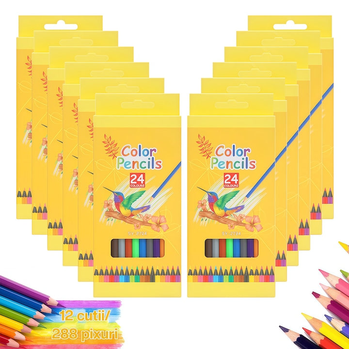 Set 288 buc Creioane colorate  profesionale  culori vii  pentru pictat si desen， 1 cutie cu 24 Creioane colorate  12 cutii dintr-un set  multicolor