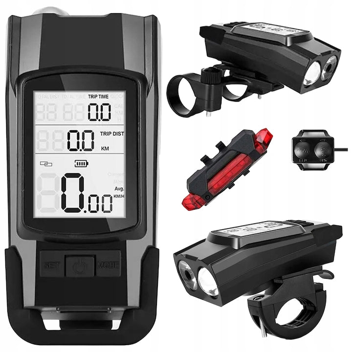 Lampa bicicleta MUNDO T8 set cu vitezometru  4000mAh  lampa spate inclusa  cu claxon  rezistenta la apa  neagra  dimensiuni 108x52mm