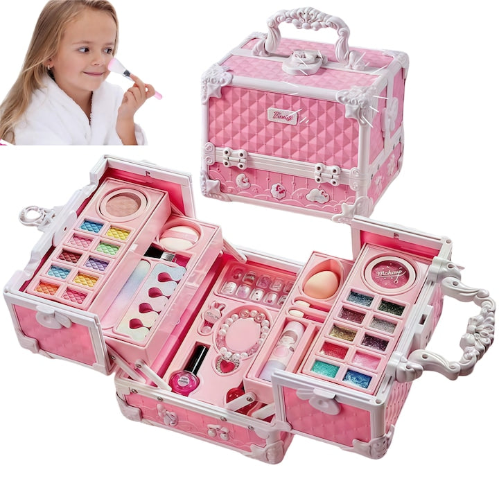 Trusa de Machiaj Pentru Copii  RorAem  Set Make-Up cu Cutie de frumusete  cu Autocolante  accesorii  rujuri  farduri  oja  Design inedit  geanta cu maner pentru transport  pentru fetite de 3  4  5  6  7  8  9 ani  Multicolor