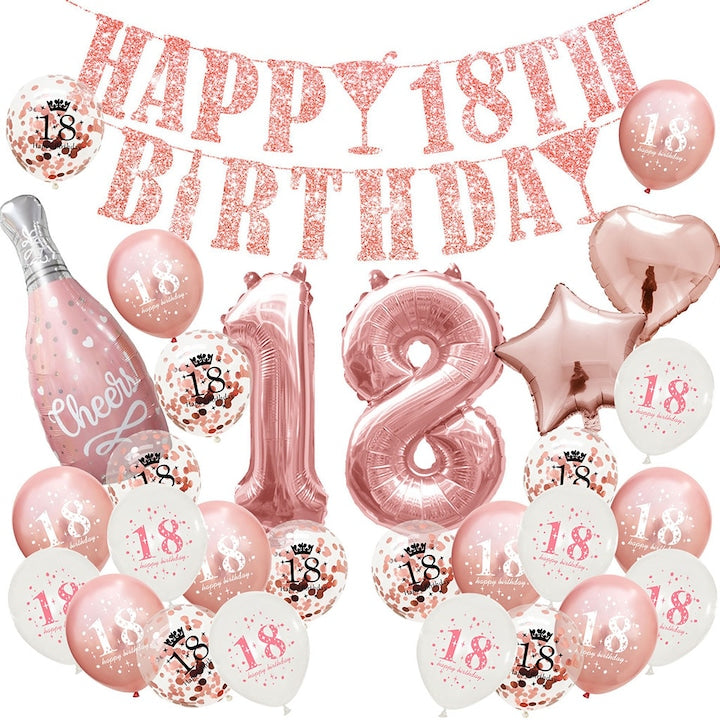 Elegant Rose Gold 18th Birthday Party Balloon Set - Happy Birthday Banner 18, Number Balloon 32 inch, Champagne Bottle, Star and Heart + 18th Balloons