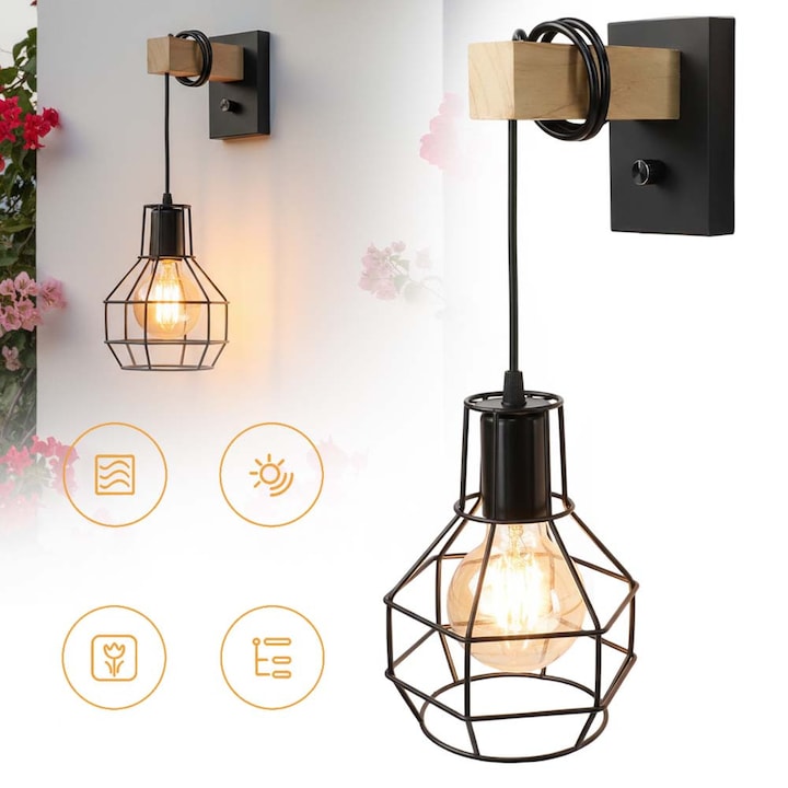 CHOOLY Wall Sconce, wood and metal, black, dimensions 29x14cm, with E27 bulb included, vintage industrial style