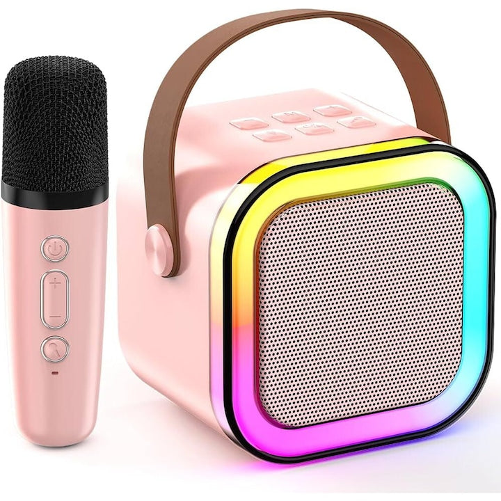 Kids' Portable Karaoke Speaker with Wireless Microphone, Bluetooth Connection, RGB Light Effects, Pink