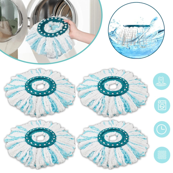 Set of 4 Leifheit Clean Twist Mop Head Refills, Microfiber, White and Turquoise, Stain Resistant, Washable at 60C