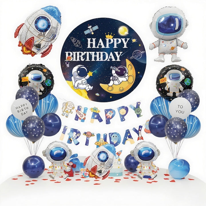 Set Baloane Petrecere Aniversara Copii 30 Piese Tema Spatiu Cosmos - Fundal Rotund  Astronaut Mare  Racheta  Banner La Multi Ani + Baloane Latex Albastru Alb