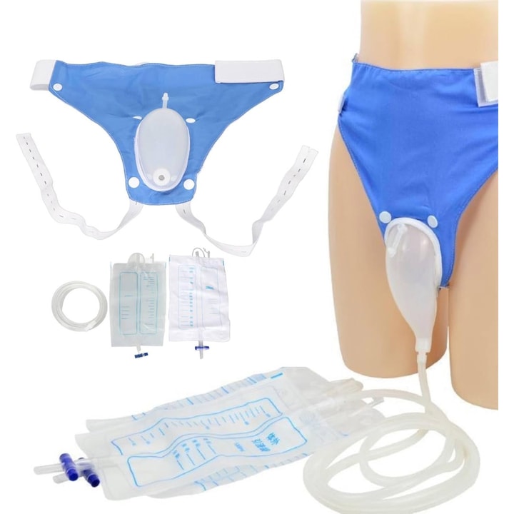 Set incontinenta urinara  sonda urinara pentru dama din silicon cu 2 pungi urinare sterile si furtun evacuare incluse cu prindere universala  Dama  Albastru/Transparent