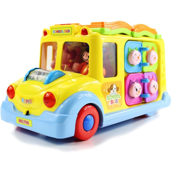 Jucarie educativa si interactiva  Autobuz Scolar inteligent premium  8 jocuri cu lumini  sunete si activitati pentru copii fete si baieti de 1  2  3 ani  Multicolor