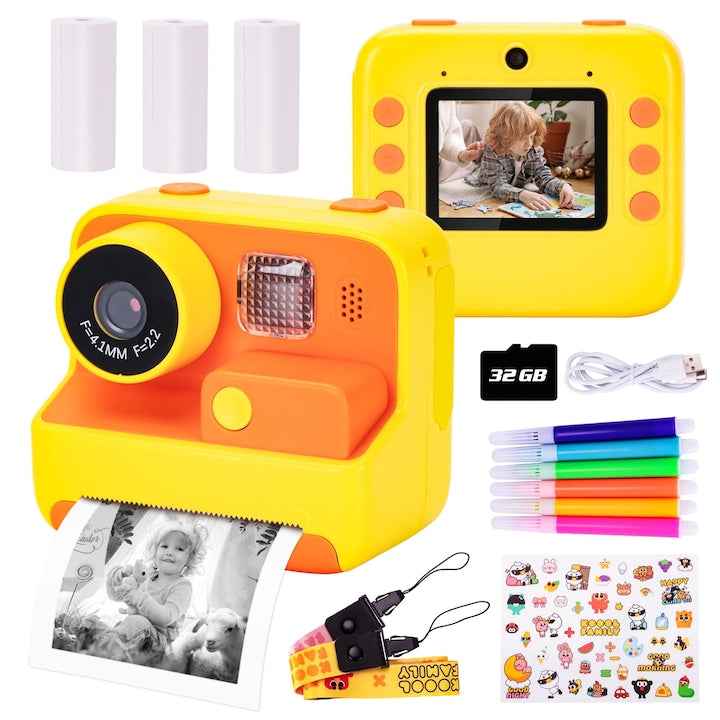 WALALLA Instant Print Camera, 48MP HD Photography, with 32GB Card, Print Paper, HD Video, Christmas Birthday Gifts, 3+, Yellow