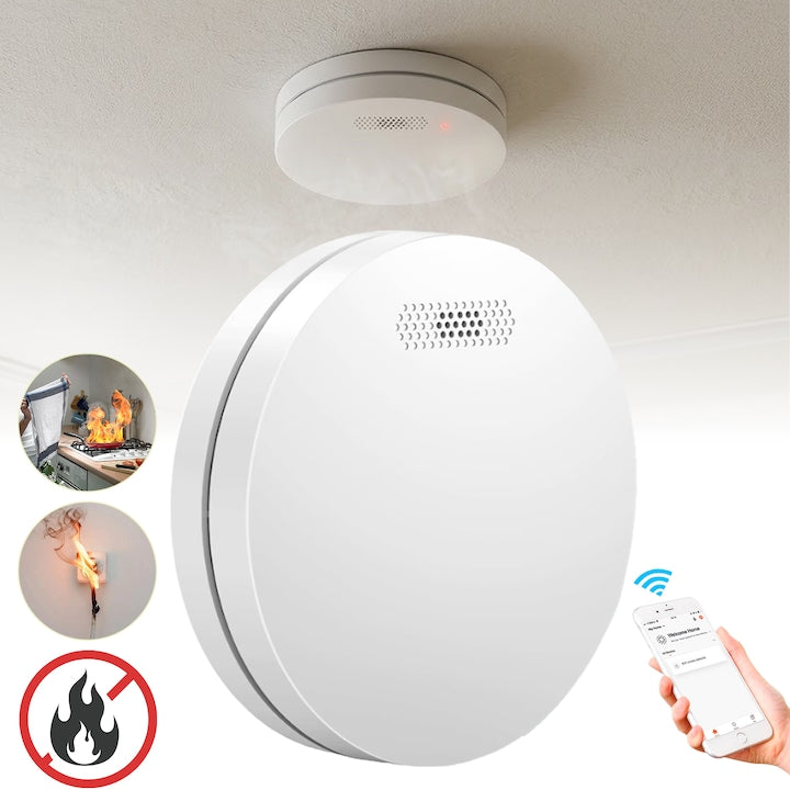 Wi-Fi Smoke Alarm, Built-in Battery, 10-Year Battery Life, Compatible with Tuya Smart and Smart Life, 2 Installation Methods, SMS Notification and 85dB Alarm, Smart Home Sensor Set, White