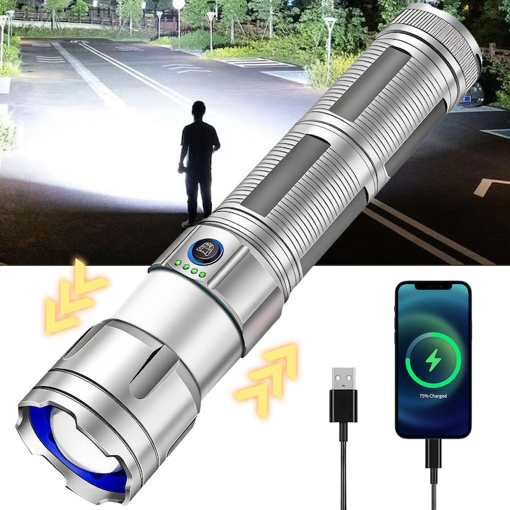Lanterna LED puternica profesionala  SDLOGAL  din aluminiu  5 Moduri iluminare  distanta 1500m  7200mah  Ultra-Luminoase  Rezistente la Apa  Pentru Camping  Argintiu