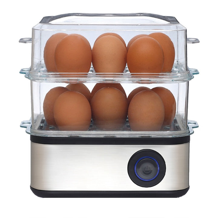 Egg Cooker Duueyct, 2 Tiers for 16 Eggs, 500W Fast Heating, Indicator Light, BPA-Free, Easy to Clean and Use, Automatic Shut-off, Boil-Dry Protection, Ideal for Family Breakfasts or Small Kitchens, Silver
