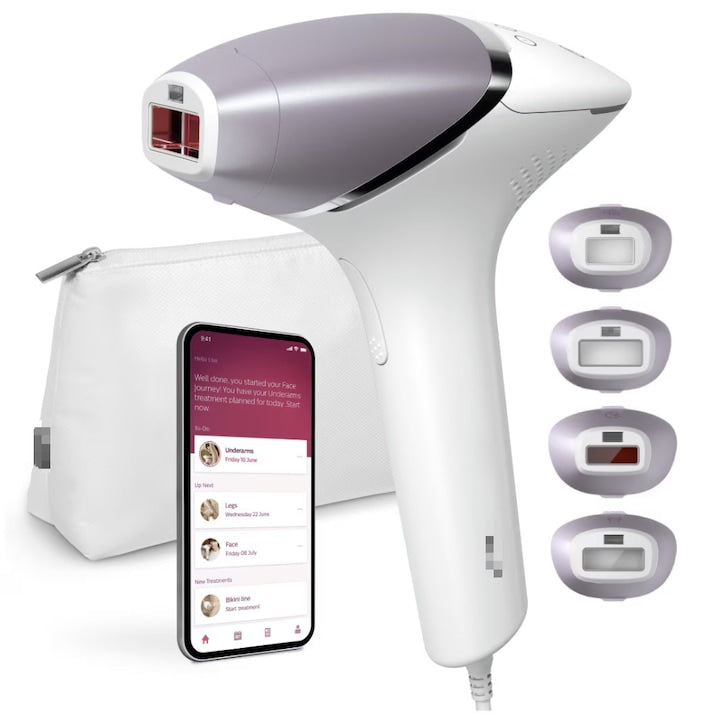 Epilator IPL Seria 8000  Senzor Smartskin  tehnologie adaptare piele  utilizare cu fir  450.000 impulsuri  accesoriu fata  corp  axila si inghinal  auriu roz