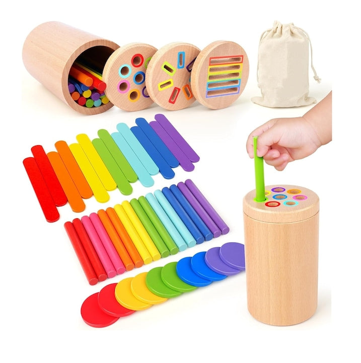 Joc educativ Montessori 3 in 1  pentru Motricitate fina  Jucarii de invatare din lemn pentru copii  sortarea formelor si culorilor  1-3 ani