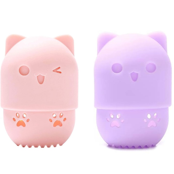 Set 2 x Suport Silicon Burete Machiaj  cu zona pentru curatat pensulele  potrivit beauty blender  pentru transport si depozitare buretei machiaj  reutilizabili  Multicolor