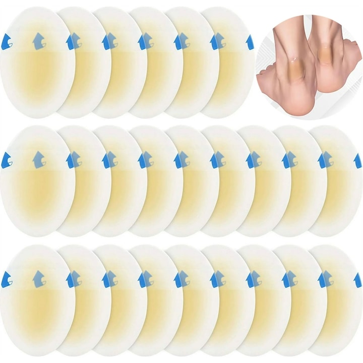 Set 20 plasturi pentru calcaie  Axroad Mall  Fixare ridicata  Protectie suplimentara  Amelioreaza durerea  Rezistenti la apa si transpiratie  Reutilizabili  Material silicon  5.5 X 3.7 cm  Transparent