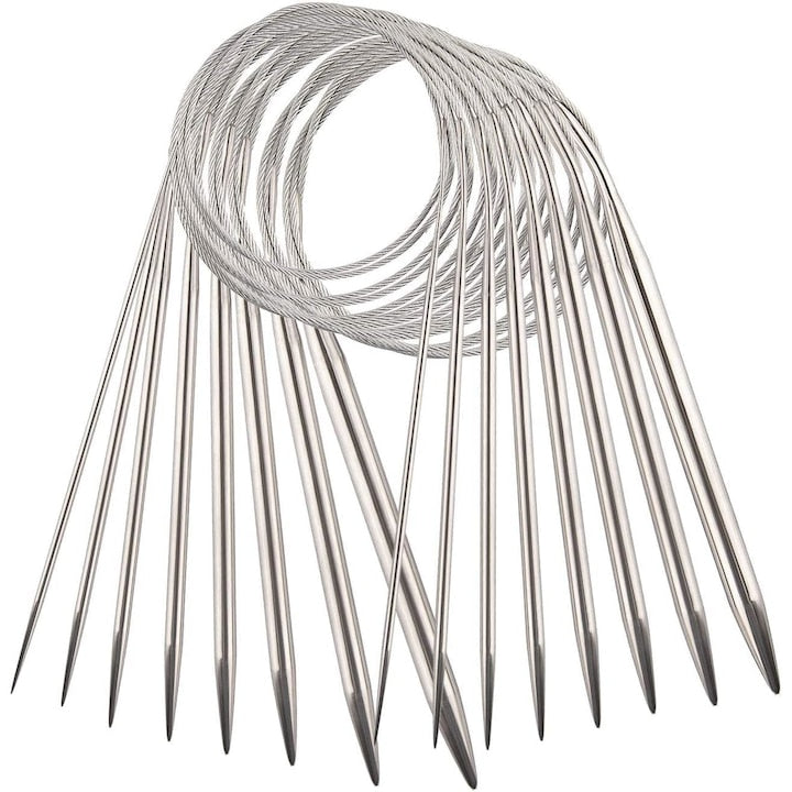 Set of 8 Circular Knitting Needles, Stainless Steel, 60cm Length, Various Sizes, Silver