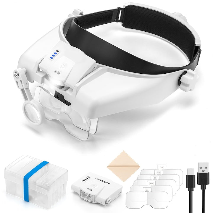 Lupa portabila WALALLA  detasabila si reglabila  cu doua lumini LED  doua moduri de iluminare si cinci lentile (1x  1 5x  2x  2 5x si 3 5x)  cu marire de 1-14x  potrivita pentru reparatii  bijuterii  citit  cusut si mestesuguri  alba