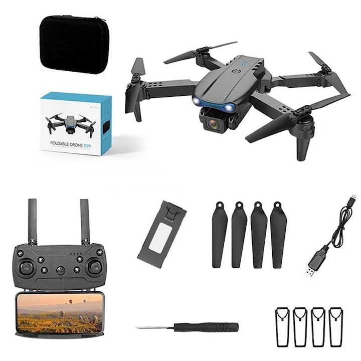 Kit drona  ZOUN  HD  lentila dubla  telecomanda  include piese de reparatie si inlocuire  2 baterii  1800 mAh  design pliabil  negru