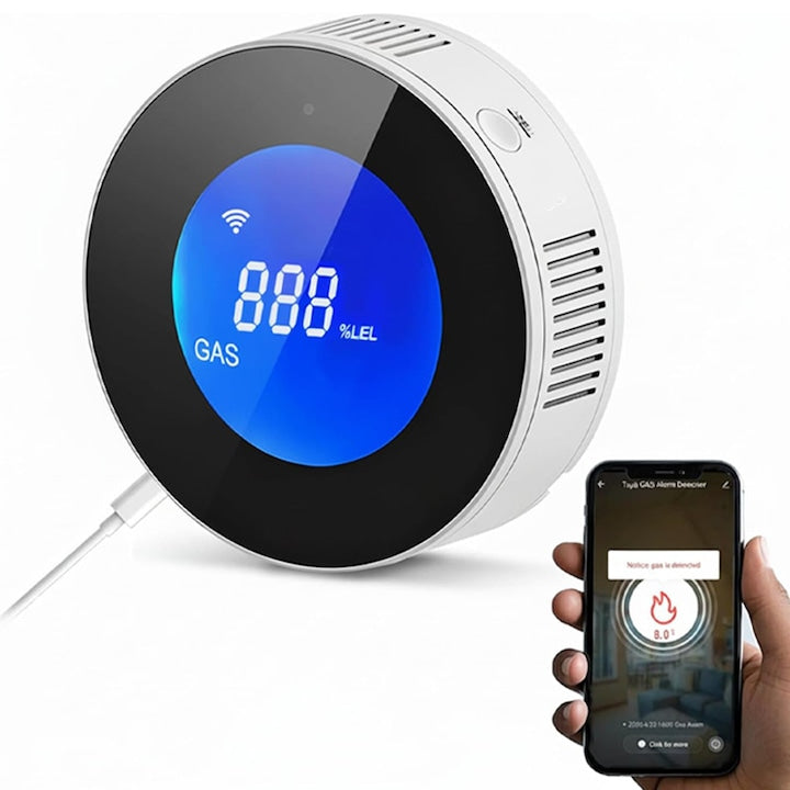 Detector Scurgeri gaz Smart Wi-Fi  Duueyct  Multifunctional  Compatibil Tuya/Smart Life  Afisaj LCD in Timp Real  Alarme Sonora + Luminoasa  Avertizare Vocala  Notificari pe Telefon  Alimentare 5V Micro USB  Montaj pe Perete  Alb