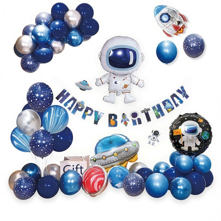Set Baloane Petrecere Aniversara Copii 66 Piese Tema Spatiu Cosmos - Astronaut Mare  Racheta  UFO  Banner La Multi Ani + 53 Baloane Latex Albastru Argintiu