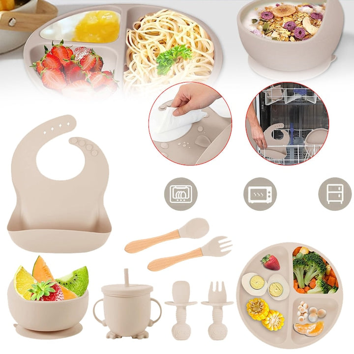 Baby Weaning Set, Silicone Baby Feeding Set with Bowl, Adjustable Bib, Cup, Fork, and Spoon, Food Plate Kit, Baby Plate and Bowl Set