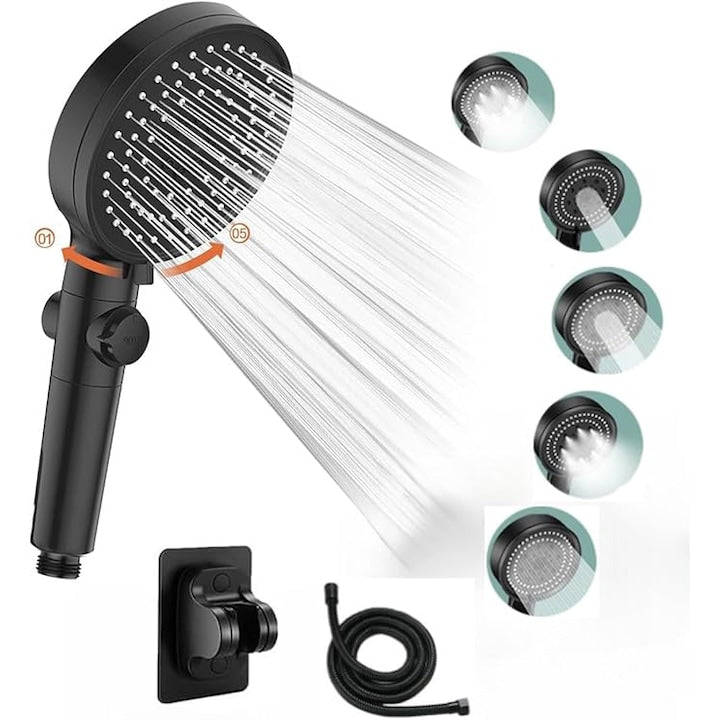 TAIGENOOU®Cap de dus de mana de inalta presiune cu furtun de 150 cm si suport pentru adeziv  cap de dus portabil cu 5 moduri de pulverizare cu comutator de pauza ON/OFF pentru economisirea apei  stropitor de mana pentru spa pentru precipitatii，Negru