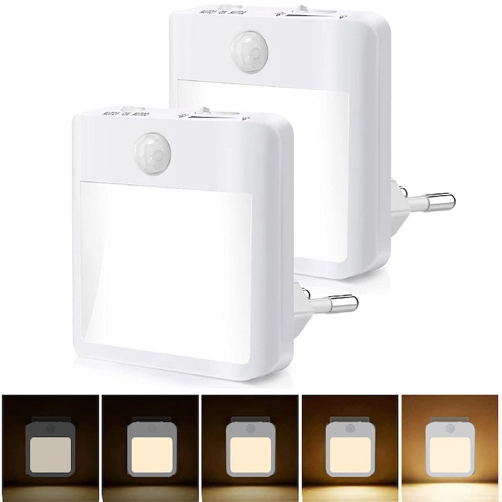 Set de doua veioze  ZOUN  cu alimentare la priza  senzor de miscare si senzor de lumina  lumina alba si lumina calda  trei moduri  1 W  potrivite pentru toaleta  dulapurile de bucatarie  baie si scari  culoare alba