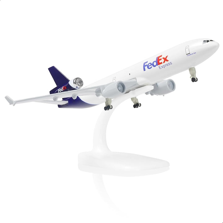 Macheta avion MD-11 FedEx  Model de avion din metal cu ecran trepied  scara 1:300  20cm  Metal  Alb