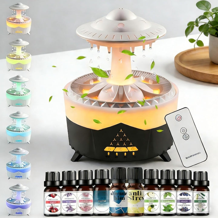 Umidificator Difuzor de Arome si Uleiuri Esentiale  Difuzor de uleiuri esentiale 7 culori efecte luminoase LED  Difuzor de Aroma 2 Moduri de vaporizare Abur si Picaturi de Apa  Temporizator  Auto OFF  350 ml  Maro si Alb
