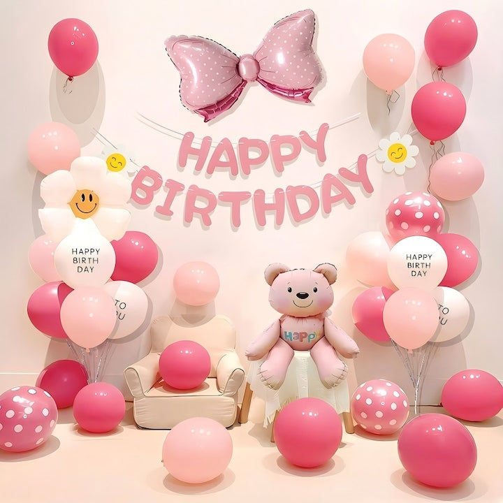 Party Balloon Set Birthday Kids Light Pink Dark Pink Bear Bow Kit Decorations Happy Birthday Banner Foil Latex Balloons