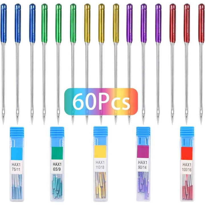 Set 60 ace universale pentru masina de cusut  dimensiuni HAX1 65/9  75/11  90/14  100/16  110/18  multicolor  cu cutii plastice pentru depozitare.