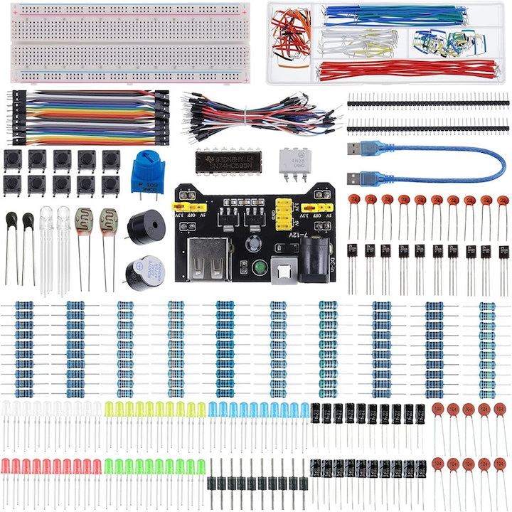 Kit complet de componente electronice  kit distractiv cu 480 de bucati  cu modul de alimentare  placa de testare cu 830 de puncte de legatura  placa de test compatibila cu STM32  fara lipire  WALALLA