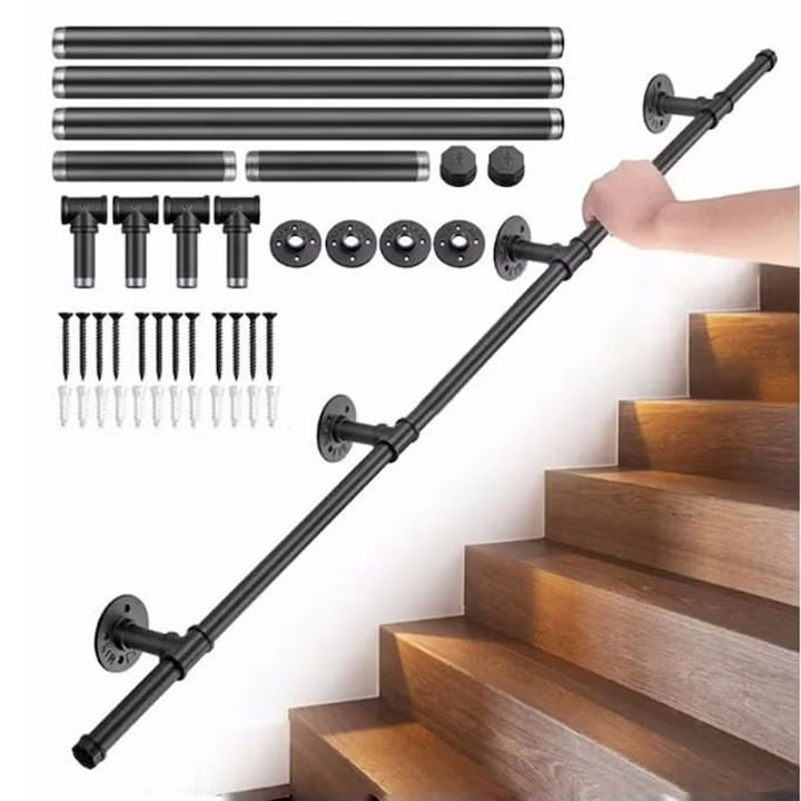 WALALLA Stair Railing, 3m, Clothes Rack, Black Steel, for Indoor/Outdoor Use