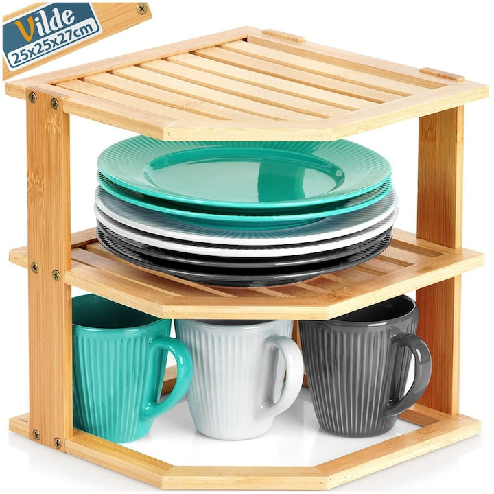Etajera De Colt Pentru Bucatarie Cu 3 Niveluri  Vilde  25x25x27 cm  Maro Natural  Din Lemn De Bambus  Organizator Pentru Condimente Si Borcane  Economiseste Spatiu Pe Blat Sau In Dulap  Structura Stabila Si Eleganta  Montaj Simplu