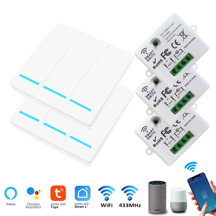 Set of 2 Wireless Smart Switches Duueyct, WiFi 2.4GHz, Voice Control, App Control, 2 Switches + 3 Smart Receivers, Compatible with Tuya, Alexa and Google Home, White
