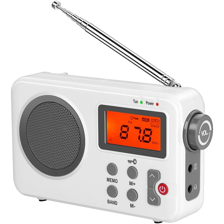 Radio portabil  AM FM unde scurte  functionare cu baterie  cu cronometru de repaus si functie de presetare  receptor stereo  cu ceas cu alarma pentru casa  WALALLA  Alb