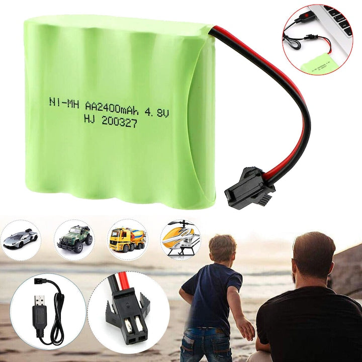 Rechargeable Ni-MH Battery 4.8V 2400mAh with SM-2P Connector and USB Charger, Set of 4 AA Batteries