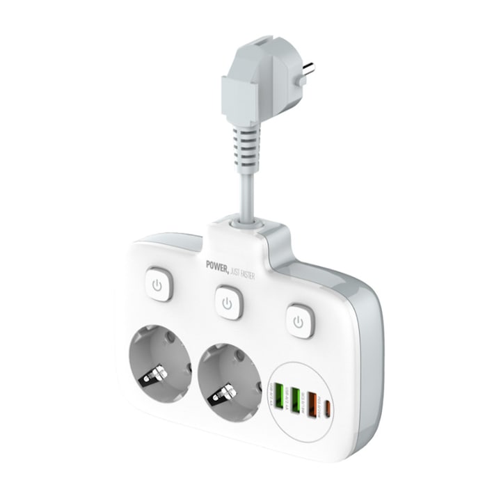 Adaptor priza  incarcare rapida 20W  2 premii frontale /3 USB  1 Type-C  6 in 1  25cm  Alb