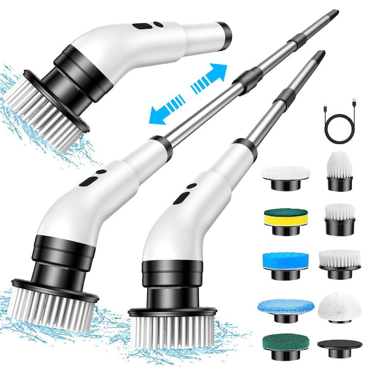 Perie electrica de curatare 9 in 1  SWJOYOL  cu maner extensibil  fara fir  alb  9 capete incluse  IPX7