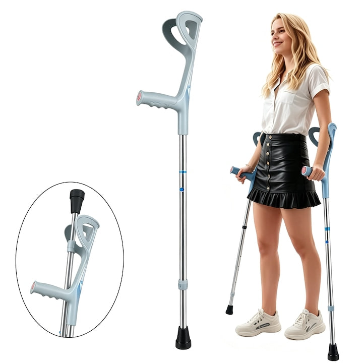 Adjustable Metal Crutch, Ergonomic Crutch, front and rear reflectors, humanized U-shaped forearm support, 10 height adjustment levels, Easy folding, height adjustable, Blue-grey, 1 pc