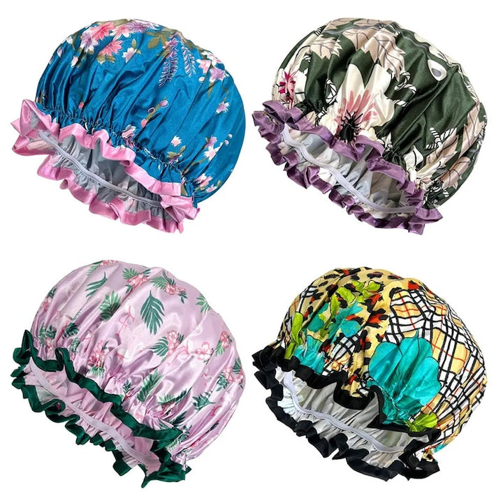 Set of 4 Shower Caps, Water and Oil Resistant, Reusable Material, Universal Size, Multicolor