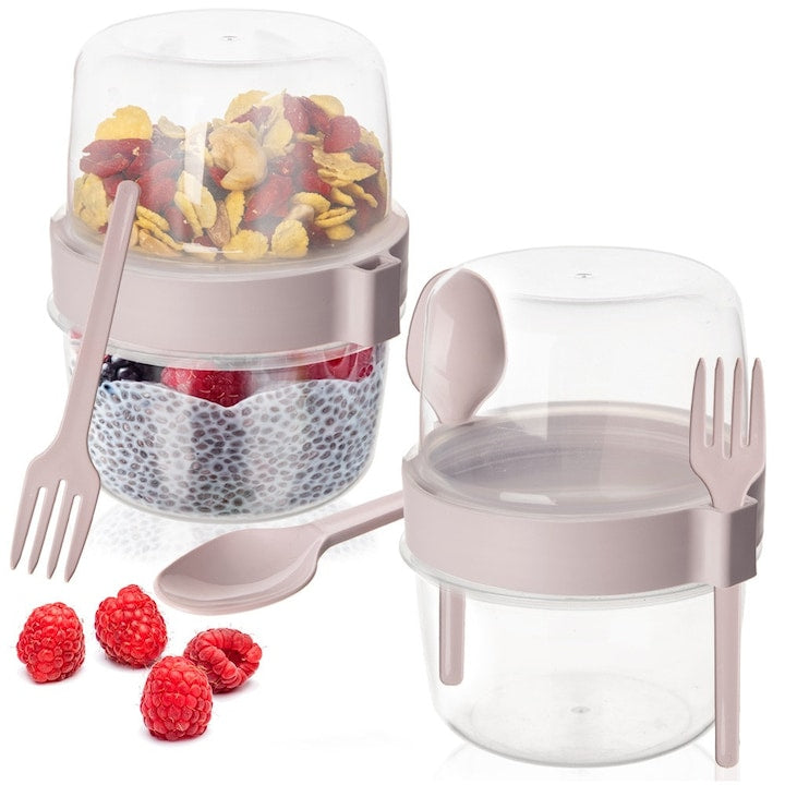 Set De Recipient Pentru Iaurt Cu Lingurite Si Boluri Pentru Musli  Orion  10.5x12.5x13.5 cm  Roz/Transparent  Sticla  Fara Bpa  Rezistent La Temperaturi De -25 Pana La +25°C  Doua Compartimente Independente