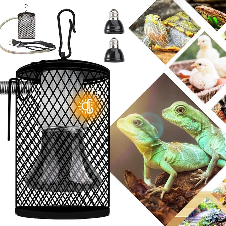 Ceramic Reptile Heat Lamp with Guard, Reptile Heat Light Bulb Holder, with 2 Ceramic Bulbs 50W + 100W, Cage for Turtle/Lizard/Snake