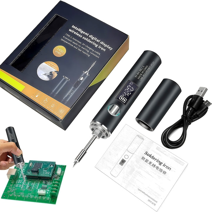 Set pistol de lipit wireless portabil  Pistol de lipit portabil  cu incarcare USB  ecran LCD  5 Nivele Temperatura  1400mAh  lipire componente electronice cu 1 capete de lipit  gri